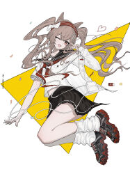 1girl :d absurdres angelina_(arknights) animal_ears arknights arm_out_of_sleeve bag black_shoes black_skirt bow brown_hair collarbone commentary dated digital_media_player dot_nose double-parted_bangs earbuds earphones english_commentary eraser fang floating_hair fox_ears full_body hair_bow hair_ornament hairband heart highres holding holding_bag isekai_douyou_(chant) jacket kneehighs long_hair long_sleeves looking_at_viewer loose_socks midriff_peek miniskirt neckerchief one_eye_closed open_mouth pleated_skirt pocket red_eyes red_hairband red_neckerchief red_shoes sailor_collar school_uniform serafuku shirt shoes short_sleeves skin_fang skirt smile sneakers socks solo star_(symbol) star_hair_ornament striped_clothes striped_hairband triangle twintails two-tone_hairband v white_bag white_bow white_jacket white_shirt