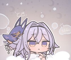 Rule 34 | 1girl, artist name, azur lane, blue eyes, character name, chibi, chibi only, commentary, fox mask, futaba (anti clockwise), grey hair, hair intakes, looking at viewer, mask, mask on head, open mouth, solo, symbol-only commentary, tosa (azur lane), upper body