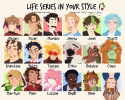 4girls 6+boys :3 animal_ears animal_nose antlers bdoubleo100 beard bigbst4tz2 bird_boy bird_wings black_hair blonde_hair blue_eyes blue_hair braid brown_hair character_name colored_skin commentary dark-skinned_male dark_skin deer_antlers deer_ears deer_girl dog_boy dog_ears double_bun english_commentary ethoslab everyone facial_hair fiery_hair furry furry_female geminitay goodtimeswithscar green_eyes green_hair green_jacket green_skin grian_(youtuber) grin hair_bun head_wings headband highres horns impulsesv indie_virtual_youtuber inthelittlewood inthelittlewood_(datastream_defender) jacket kitsuneisi ldshadowlady light_brown_hair lips long_hair mask medium_hair minecraft_youtube mouth_mask multicolored_hair multiple_boys multiple_drawing_challenge multiple_girls mumbo_jumbo_(youtuber) one_eye_closed open_clothes open_jacket orange_hair pearlescentmoon pink_hair pointy_ears ponytail red_headband rendog round_eyewear scar short_hair sideburns single_braid single_hair_bun skizzleman smajor1995 smallishbeans smile solidaritygaming streaked_hair sunglasses tan tangotek tinted_eyewear tooth_gap traffic_life_series upside-down very_long_hair virtual_youtuber white_hair wings yogscast zombie zombiecleo