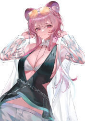 1girl absurdres animal_ears arknights breasts cleavage commentary_request eyewear_on_head highres lin_(arknights) lin_(summer_flowers)_(arknights) long_hair looking_at_viewer medium_breasts mouse_ears mouse_girl official_alternate_costume puranetto_(vjun4748) red_eyes red_hair simple_background smile solo sunglasses swimsuit tinted_eyewear white_background yellow-tinted_eyewear