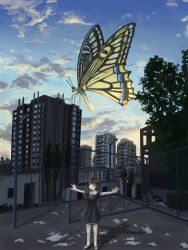 1girl absurdres black_dress blue_sky brown_eyes brown_hair bug building butterfly chain-link_fence city cloud dress evening fence giant_insect gradient_sky highres insect lamppost okura_lino orange_sky original outdoors outstretched_arms scenery short_hair sky solo standing trash