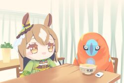 :d bowl brown_hair chair character_doll crossover deoxys deoxys_(defense) derivative_work doll doqute_stuffed_doll ear_ornament gen_3_pokemon ginga_ce_lemony green_jacket horse_girl indoors jacket long_hair long_sleeves looking_at_viewer mythical_pokemon nintendo open_mouth parody plant pokemon pokemon_(creature) potted_plant satono_diamond_(umamusume) sitting smile table umamusume yellow_eyes