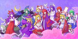 6+girls alternate_color asakura_rikako bird blonde_hair blue_eyes broom broom_riding crescent cross ellen_(touhou) genjii_(touhou) green_eyes green_hair hakurei_reimu hakurei_reimu_(pc-98) hat highres japanese_clothes kana_anaberal kirisame_marisa kirisame_marisa_(pc-98) kitashirakawa_chiyuri kotohime_(touhou) miko military military_uniform mima_(touhou) mimi-chan multi_(to_heart) multiple_girls naval_uniform okazaki_yumemi phantasmagoria_of_dim.dream player_2 purple_background purple_eyes purple_hair red_eyes red_hair red_ribbon ribbon ruukoto shadou_buhui to_heart to_heart_(series) touhou touhou_(pc-98) turtle wizard_hat yellow_eyes