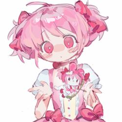 1girl :o ahoge animal arrow_(projectile) bare_arms blush_stickers bow bow_(weapon) bow_choker bright_pupils bubble_skirt buttons center_frills choker clothed_animal commentary cosplay cowboy_shot dress frilled_dress frills hair_bow highres holding holding_arrow holding_bow_(weapon) holding_weapon kaname_madoka kaname_madoka_(cosplay) kneehighs liangqi_shi mahou_shoujo_madoka_magica mahou_shoujo_madoka_magica_(anime) miniskirt my_melody no_gloves onegai_my_melody parted_lips pink_bow pink_dress pink_eyes pink_hair procreate_(medium) puffy_short_sleeves puffy_sleeves rabbit red_bow red_choker red_shoes sanrio shoes short_dress short_hair short_sleeves short_twintails simple_background skirt skirt_under_dress socks solo square_neckline tareme twintails waist_bow weapon white_background white_pupils white_skirt white_sleeves white_socks