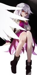 1girl absurdres arm_support bare_legs black_background boots bow braid brooch closed_mouth ears hair_between_eyes highres ichirugi jewelry kishin_sagume knees legs long_sleeves looking_at_viewer red_bow red_eyes shoes single_wing sitting skirt smile solo touhou white_background white_hair wings