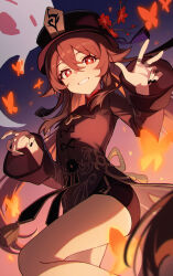 1girl absurdres black_nails black_shorts boo_tao_(genshin_impact) brown_hair chinese_clothes commentary_request feet_out_of_frame flower flower-shaped_pupils genshin_impact ghost gradient_background grin hair_between_eyes hands_up hat hat_flower highres hu_tao_(genshin_impact) long_hair long_sleeves looking_at_viewer low_twintails nail_polish porkpie_hat red_eyes shali shorts simple_background smile symbol-shaped_pupils twintails very_long_hair