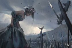 1girl animal bare_shoulders bird bowing cross crow dress closed_eyes ghostblade grave grey_hair highres original outdoors rain sad sleeveless sleeveless_dress sword weapon wlop