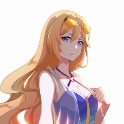 1girl blonde_hair blue_eyes blue_shirt breasts cleavage closed_mouth durandal_(honkai_impact) durandal_(purrfect_holiday)_(honkai_impact) durandal_(valkyrie_gloria)_(honkai_impact) eyewear_on_head highres honkai_(series) honkai_impact_3rd jacket large_breasts looking_at_viewer see-through_clothes see-through_jacket shirt simple_background sleeveless sleeveless_jacket smile solo sunglasses upper_body wanzituanzimax wavy_hair white_background