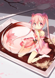 1girl bare_shoulders bell bowl female_focus flower food fred04142 hair_flower hair_ornament in_food japanese_clothes jingle_bell kimono long_hair mini_person minigirl neck_bell obi off_shoulder original pink_eyes pink_hair sash see-through_clothes sitting smile socks solo twintails very_long_hair white_socks yukata