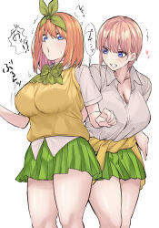 2girls absurdres blue_eyes bow bowtie breasts cardigan cardigan_around_waist cleavage clothes_around_waist collarbone collared_shirt commentary_request cowboy_shot earrings go-toubun_no_hanayome green_bow green_bowtie green_hairband green_skirt grin hairband heart highres jewelry large_breasts marimo_625 miniskirt multiple_girls nakano_ichika nakano_yotsuba orange_hair pink_hair plaid_bow plaid_bowtie plaid_clothes pleated_skirt puckered_lips school_uniform shirt short_hair siblings simple_background sisters skirt smile sweater translation_request twins white_background white_shirt yellow_cardigan yellow_sweater