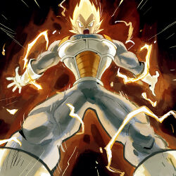 Rule 34 | 1boy, aura, blue bodysuit, bodysuit, boots, dragon ball, dragonball z, final flash, garrett hanna, gloves, green eyes, male focus, muscular, muscular male, open mouth, saiyan armor, solo, spiked hair, super saiyan, super saiyan 1, teeth, tight clothes, v-shaped eyebrows, vegeta, white boots, white gloves