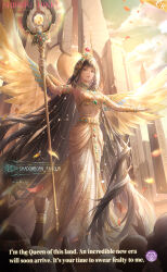 1girl absurdly_long_hair ancient_egyptian ancient_egyptian_architecture ancient_egyptian_clothes armpits artist_request bare_shoulders black_hair blunt_bangs bra bracelet breasts character_name cleavage cloud copyright_name eyelashes falling_petals feathered_wings full_body gold_armlet gold_bracelet green_sky hester_(shining_nikki) highres holding holding_staff jewelry light_particles lightborn_grace_(shining_nikki) lipstick logo long_hair long_skirt looking_ahead makeup midriff multiple_bracelets neme nikki_(series) official_art outstretched_arms parted_lips peacock_feathers people petals red_lips second-party_source shining_nikki side_slit skirt sky smile solo_focus spread_wings staff standing straight_hair sunrise temple underwear usekh_collar very_long_hair wings yellow_bra yellow_eyes yellow_skirt yellow_wings