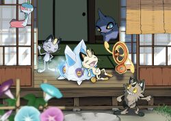 Rule 34 | alolan form, alolan meowth, animal focus, bergmite, blurry, blurry foreground, brown fur, cat, chimecho, closed eyes, coin, colored sclera, commentary request, door, doorway, flower, galarian form, galarian meowth, gen 1 pokemon, gen 3 pokemon, gen 4 pokemon, gen 6 pokemon, gen 7 pokemon, gen 8 pokemon, ghost, grass, highres, ice, meowth, nintendo, no humans, open mouth, pokemon, pokemon (creature), purple sclera, q-chan, rotom, rotom (fan), sharp teeth, shuppet, tail, teeth, whiskers, yellow eyes