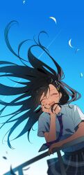 Rule 34 | 1girl, black hair, blue necktie, closed eyes, collared shirt, commentary, dress shirt, floating hair, grey skirt, hair ornament, hairclip, highres, kamiyama high school uniform (project sekai), long hair, mikan (migwang), necktie, open mouth, plaid clothes, plaid skirt, pleated skirt, project sekai, railing, school uniform, shiraishi an, shirt, skirt, solo, white shirt