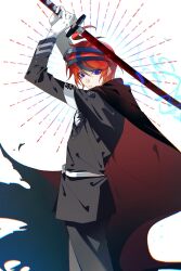 1boy ahoge armband arms_up belt black_pants black_streaks blue_eyes cape cowboy_shot emphasis_lines gakuran gloves headgear highres holding holding_sword holding_weapon hole_in_chest hole_on_body kurenaikiyumi last_defense_academy_school_uniform looking_at_viewer male_focus multicolored_hair pants parted_lips red_hair school_uniform short_hair simple_background solo streaked_hair sumino_takumi sword the_hundred_line_-last_defense_academy- weapon white_armband white_background white_belt white_gloves