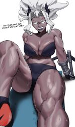 1girl abs absurdres black_horns breasts colored_skin dark-skinned_female dark_skin demon_girl demon_horns demon_tail gloves gym_shorts helltaker highres horns judgement_(helltaker) large_breasts long_hair looking_at_viewer muscular muscular_female pants shirt shorts smile sotcho sports_bra tail white_eyes white_hair