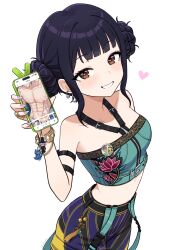 1girl abs absurdres bare_shoulders black_hair bracelet breasts cellphone commentary heart heart-shaped_pupils highres jewelry kpop_demon_hunters looking_at_viewer medium_breasts midriff phone short_hair simple_background smile solo suoniko symbol-shaped_pupils white_background zoey_(kpop_demon_hunters)