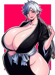 1girl alternate_breast_size bleach border breasts collarbone curvy earrings female_focus grey_hair highres japanese_clothes jewelry kotetsu_isane large_breasts light_blush open_mouth senak012 shihakusho shiny_skin short_hair sidelocks simple_background thick_thighs thighs white_border wide_hips yellow_eyes