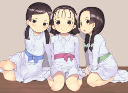 3girls :&gt; :&lt; :o absurdres arm_rest between_legs blue_bow blue_ribbon blue_sash bow braid brown_hair butterfly_hair_ornament child collared_dress commentary_request dress full_body green_bow green_ribbon green_sash hair_ornament hand_between_legs highres indoors kimetsu_no_yaiba long_hair long_sleeves looking_at_viewer low_twintails multiple_girls nakahara_sumi nukaji_(kuromahou_kenkyuujo) parted_bangs pink_bow pink_ribbon pink_sash ribbon sash seiza short_hair sitting smile socks swept_bangs takada_naho terauchi_kiyo twin_braids twintails v_arms white_legwear wide_sleeves wing_collar yokozuwari