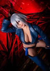 1girl angel_(kof) angel_(kof)_(cosplay) backless_pants black_gloves black_jacket black_panties blue_eyes breasts chaps cleavage closed_mouth cosplay cosplay_photo cropped_jacket female_focus fingerless_gloves gloves hair_over_one_eye jacket large_breasts leather leather_jacket looking_at_viewer navel panties pants photo_(medium) protein_anko real_life short_hair smile snk solo the_king_of_fighters underwear v white_hair