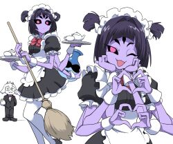 1boy 1girl apron arthropod_girl asriel_dreemurr black_dress broom colored_skin dress extra_arms extra_eyes fang frilled_dress frills furry furry_male goat_boy highres holding holding_broom holding_plate insect_girl looking_at_viewer maid maid_apron maid_headdress muffet nasu_(ilo_a5) open_mouth plate purple_skin red_eyes smile spider_girl undertale