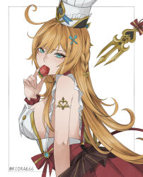 1girl absurdres ahoge bake_ryori bare_shoulders blonde_hair blue_eyes breasts escoffier_(genshin_impact) food fruit genshin_impact hair_ornament hat highres holding holding_food holding_fruit large_breasts long_hair looking_at_viewer red_skirt simple_background skirt solo strawberry upper_body very_long_hair white_background white_hat