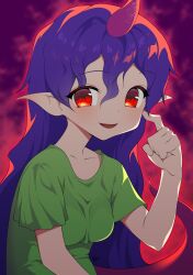 Rule 34 | 1girl, backlighting, green shirt, highres, horns, long hair, pointy ears, punidayo, purple hair, red eyes, scratching cheek, shirt, short sleeves, simple background, single horn, smile, solo, t-shirt, tail, tenkajin chiyari, touhou, upper body, very long hair