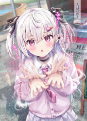 Rule 34 | 1girl, black choker, blush, bow, breasts, cardigan, choker, collared shirt, grey skirt, hair between eyes, hair bow, hair ornament, hairclip, highres, long hair, long sleeves, looking at viewer, maruma (maruma gic), necktie, open mouth, original, outdoors, pink cardigan, pink eyes, pleated skirt, school uniform, shirt, skirt, solo, white hair, white shirt