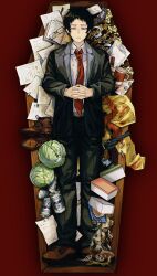 Rule 34 | 1boy, absurdres, adachi tooru, asahi breweries, bag, beer can, belt, belt buckle, black-framed eyewear, black hair, black jacket, black suit, blood, book, brown belt, brown shoes, buckle, bullet, business suit, cabbage, can, caution tape, cellphone, certificate, chinese commentary, closed eyes, closed mouth, coat, coffee mug, coffin, coin, collared shirt, commentary request, cuffs, cup, dress pants, drink can, flip phone, formal clothes, from above, full body, gun, handcuffs, handgun, hands on own stomach, highres, interlocked fingers, jacket, lapels, lighter, lying, male focus, mug, necktie, notched lapels, on back, open book, open clothes, open jacket, own hands together, pages, paper, pen, persona, persona 4, persona 4 the golden, phone, plastic bag, police badge, raincoat, red background, red necktie, revolver, shirt, shoelaces, shoes, short hair, simple background, solo, spoilers, straight-on, suit, suit jacket, test score, unworn coat, unworn eyewear, unworn shoes, weapon, white shirt, wing collar, xinjinjumin827309438066, yellow raincoat