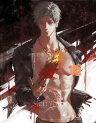1boy abs black_jacket censored censored_nipples chain chain_necklace closed_mouth collarbone ear_piercing earrings emoji emoji_censor english_text fire grey_hair gulu_(youmiaoyoudianer) highres jacket jewelry leather leather_jacket looking_at_object love_and_deepspace male_focus muscular muscular_male navel necklace nose open_clothes open_jacket parted_bangs piercing red_eyes ring short_hair slit_pupils solo sylus_(love_and_deepspace) upper_body