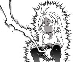 Rule 34 | 1girl, ahoge, arcueid brunestud, black pantyhose, breasts, electricity, gluteal fold, large breasts, lightning crotch (meme), meme, monochrome, pantyhose, shaded face, short hair, sitting, spread legs, surprised, sweater, tententensan, thunder, tsukihime, tsukihime (remake), turtleneck, turtleneck sweater, wide-eyed