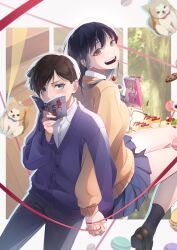 1boy 1girl absurdres animal_charm back-to-back black_hair black_pants blue_eyes blue_skirt boku_no_kokoro_no_yabai_yatsu book box brown_cardigan brown_eyes cardigan charm_(object) collared_shirt covering_own_mouth food food_in_mouth hetero highres holding holding_book holding_box holding_hands ichikawa_kyoutarou kuroshi_yuzuha locked_arms long_hair long_sleeves looking_at_viewer miniskirt open_mouth pants pleated_skirt pocky pocky_in_mouth purple_cardigan school_uniform shirt short_hair skirt white_shirt yamada_anna