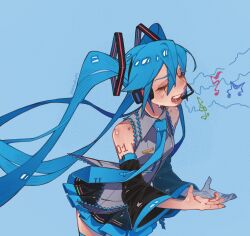 1girl arm_tattoo beamed_eighth_notes black_skirt black_sleeves blue_background blue_hair blue_necktie closed_eyes collared_shirt commentary detached_sleeves english_commentary grey_shirt hatsune_miku headset highres long_hair long_sleeves microphone mikashiyaaa music musical_note necktie number_tattoo open_mouth shirt simple_background singing skirt sleeveless sleeveless_shirt solo tattoo twintails very_long_hair vocaloid