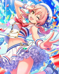 1girl anchor_symbol card_(medium) confetti double_v flag hat high_heels idolmaster idolmaster_cinderella_girls jougasaki_mika low_twintails microphone nail_polish navel official_alternate_hairstyle official_art one_eye_closed open_mouth pink_hair railing skirt solo thick_eyelashes twintails v wrist_cuffs yellow_eyes