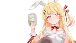 1girl bare_shoulders black_pantyhose blonde_hair breasts highres holding hololive hololive_dev_is leotard long_hair otonose_kanade pantyhose rijeka1918 simple_background sitting small_breasts smile solo strapless strapless_leotard white_background white_leotard