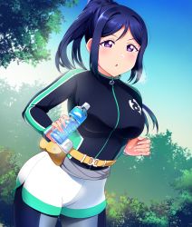 1girl absurdres blue_hair bottle breasts breath commentary english_commentary exercising fanny_pack floating_hair gym_shorts highres holding holding_bottle jacket jogging large_breasts leaf leggings leggings_under_shorts long_hair love_live! love_live!_sunshine!! matsuura_kanan open_mouth pantyhose ponytail purple_eyes shorts sidelocks solo track_jacket tree tsumikiy water_bottle