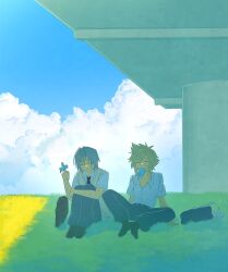 2boys bag blonde_hair briefcase closed_eyes cloud cloud_strife cloud_strife_(midgard_seventh_high_school) cloudy_sky eating final_fantasy final_fantasy_vii final_fantasy_vii_ever_crisis food food_in_mouth grey_hair highres holding holding_food holding_popsicle hot keiseki1 male_focus melting melting_popsicle mouth_hold multiple_boys on_grass partially_unbuttoned popsicle popsicle_in_mouth school_briefcase school_uniform sephiroth sephiroth_(ever_crisis) sephiroth_(shinra_private_academy) shirt sitting sky sweat sweater_vest white_shirt