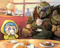Rule 34 | 1boy, 1girl, animal print, armor, bead necklace, beads, blue eyes, blue hair, blurry, blurry background, character print, chloraide, commentary, croissant, cross, crossover, cup, daisy (doom), doom: the dark ages, doom (series), doomguy, drinking straw, english commentary, food, green armor, grey visor, helmet, highres, holding, holding cup, holding saucer, hood, hood up, indoors, jewelry, jubilee 2025, latin cross, luce (jubilee 2025), necklace, praetor suit, print cup, rabbit print, raincoat, restaurant, rosary, saucer, sitting, space marine, table, teacup, v-shaped eyebrows, window, yellow raincoat