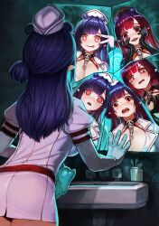 Rule 34 | 1girl, :p, @ @, absurdres, black gloves, black hair, black hat, breasts, broken mirror, cleavage, crying, dizzy dokuro, dizzy dokuro (nurse), double bun, elbow gloves, gloves, hair bun, hands on own cheeks, hands on own face, hat, highres, long hair, mirror, nurse, nurse cap, official alternate hair color, open mouth, phase connect, pointy ears, red eyes, red hair, reflection, sink, skull-shaped pupils, skull ornament, sparkling eyes, streaming tears, symbol-shaped pupils, tears, teonanix, tongue, tongue out, v, v over eye, virtual youtuber, white hat, yandere