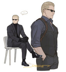 Rule 34 | ..., 1boy, albert wesker, belt, black footwear, black gloves, black socks, black sweater, black vest, blazer, blue shirt, closed mouth, collared shirt, commentary, cowboy shot, cropped legs, crossed legs, dress shoes, english commentary, from side, full body, gloves, grey jacket, grey pants, hands in pockets, jacket, own hands together, pants, resident evil, sardine (kjr0313), shirt, simple background, sitting, socks, spoken ellipsis, sunglasses, sweater, turtleneck, turtleneck sweater, vest, waistcoat, white background