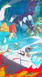 1girl bag beak bird blue_overalls brown_bag cabbie_hat dust_cloud feathers fire flying from_behind gen_2_pokemon glint green_feathers hat highres ho-oh holding holding_bag klemt_mandra leg_up legendary_pokemon looking_at_another looking_down lyra_(pokemon) multicolored_feathers nintendo overalls poke_ball pokemon pokemon_(creature) pokemon_focus pokemon_hgss red_eyes red_feathers sparkle standing standing_on_one_leg talons throwing throwing_poke_ball ultra_ball umbreon white_feathers white_hat yellow_feathers