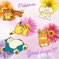 Rule 34 | :3, ^ ^, animal focus, artist request, closed eyes, closed mouth, commentary request, copyright name, dachsbun, dog, dot nose, english text, fangs, fidough, flower, gen 1 pokemon, heart, lying, nintendo, no humans, official art, on back, open mouth, orange flower, pawmi, pikachu, pink flower, pokemon, pokemon (creature), pokemon focus, purple flower, red flower, second-party source, sleeping, smile, snorlax, white flower, yellow flower