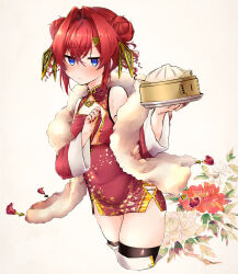 1girl absurdres ange_katrina ayuko_ammobium bamboo_steamer bare_shoulders blue_eyes blush breasts china_dress chinese_clothes cleavage_cutout closed_mouth clothes_tug clothing_cutout commentary_request covered_navel covering_breasts covering_privates cropped_legs detached_sleeves double_bun dress feather_boa flower flower_request food hair_between_eyes hair_bun hair_intakes hair_ornament hands_up highres holding holding_bamboo_steamer holding_food jitome long_sleeves looking_at_viewer nail_polish nijisanji official_alternate_costume oversized_breast_cup red_dress red_flower red_hair red_nails red_sleeves short_dress sleeveless sleeveless_dress small_breasts solo steamed_bun tassel thighhighs tight_clothes tight_dress triangle_hair_ornament triangle_print virtual_youtuber white_background white_flower zettai_ryouiki