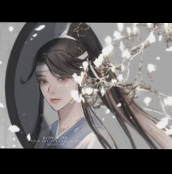 1boy artist_name black_hair blue_eyes branch chinese_clothes closed_mouth falling_petals flower hanfu headband high_ponytail highres lan_sizhui letterboxed long_hair looking_at_viewer male_focus modao_zushi ojisan_rbt parted_lips petals ponytail portrait sidelocks smile solo twitter_username upper_body watermark white_flower white_hanfu white_headband xiao_guan_(headdress)