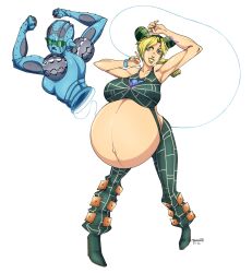 1girl absurdres armpits arms_up big_belly blonde_hair breasts double_bun female_focus full_body green_eyes green_hair hair_bun highres jojo_no_kimyou_na_bouken kuujou_jolyne large_breasts lipstick long_hair looking_at_viewer makeup marrazan matching_hair/eyes multicolored_hair nail_polish navel pregnant solo stone_ocean tattoo two-tone_hair