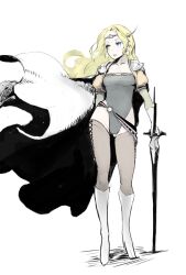 1girl blonde_hair blue_eyes boots breasts cape celes_chere earrings final_fantasy final_fantasy_vi full_body green_leotard headband highres jewelry leotard long_hair open_mouth solo sword thighhighs weapon white_background yunar