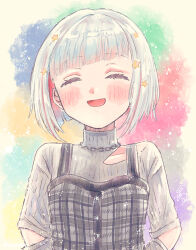 Rule 34 | 1girl, ^ ^, alt text, blue background, blush, bob cut, chain, chain necklace, closed eyes, clothing cutout, collarbone, colored inner hair, colorful background, commentary request, diagonal bangs, elbow cutout, facing viewer, green background, grey hair, grey sweater, hair ornament, happy, highres, inverted bob, jewelry, link! like! love live!, loungewear, love live!, multicolored hair, necklace, open mouth, purple background, red background, red hair, short hair, shoulder cutout, solo, star (symbol), star hair ornament, streaked hair, sweater, turtleneck, turtleneck sweater, upper body, virtual youtuber, white (waterwhite), yellow background, yugiri tsuzuri, yugiri tsuzuri (winter loungewear)