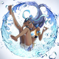 1girl armlet bare_legs barefoot bikini black_hair blue_eyes blue_hair breasts dark-skinned_female dark_skin earrings feet floating_hair full_body hair_ornament holding holding_poke_ball hoop_earrings jewelry long_hair multicolored_hair nessa_(pokemon) nintendo parted_lips pendant poke_ball pokemon pokemon_swsh setta_shu small_breasts soles solo swimsuit tankini thighs two-tone_hair very_long_hair water