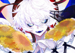 1girl black_sclera blue_eyes bouquet colored_sclera colored_skin fangs fate/grand_order fate_(series) flower glowing_pupils hat highres sunflower tsukise_yuki van_gogh_(fate) van_gogh_(third_ascension)_(fate) white_hair white_skin