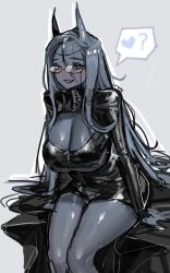 1girl black-framed_eyewear black_dress black_hair blue_eyes blush breasts circlet cleavage cleavage_cutout clothing_cutout dress eeeeee03714610 glasses grey_background grey_hair heart large_breasts legs_together long_hair long_sleeves looking_at_viewer open_mouth original sitting sketch skirt smile solo speech_bubble spoken_heart thighs tongue tongue_out very_long_hair